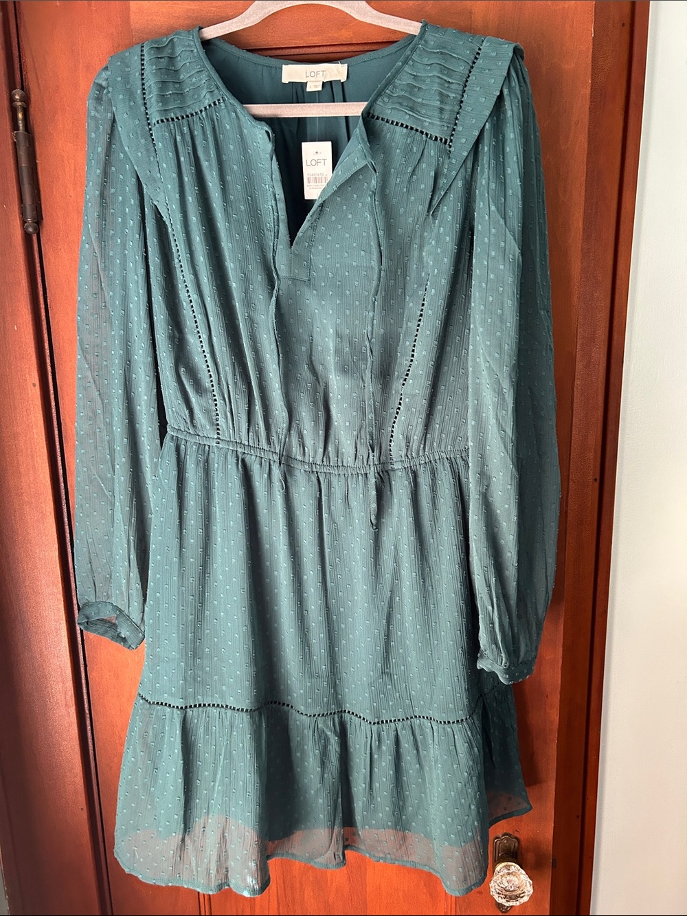 LOFT Green Dot-Textured Tiered Long Sleeve Dress